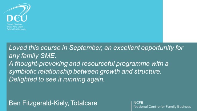 @dcuncfb Family Business Continuity Programme starts 28/02/2022.  Places filling up fast. 
Register your family today bit.ly/3tFCbD2
Support available from @SthKyskillNet
<a href="/AIBBiz/">AIB Business</a> <a href="/benfitzk/">Ben Fitzgerald Kiely</a> #familybusiness #education