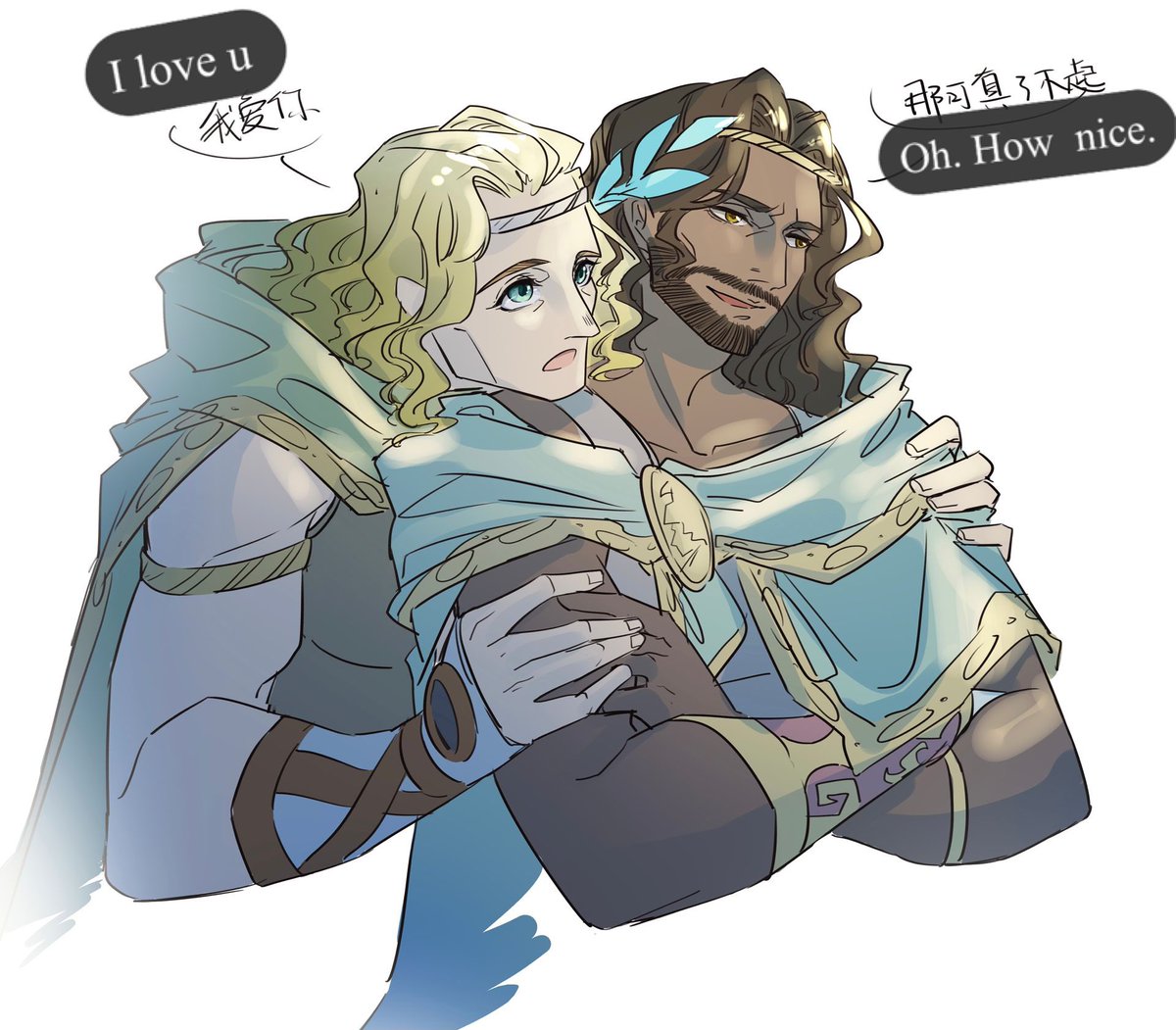 涂鸦一些生气的帕特和企图通过可爱让男朋友消气的阿喀（暂时的失败了）
#HadesFanArt #patrochilles #HadesGame