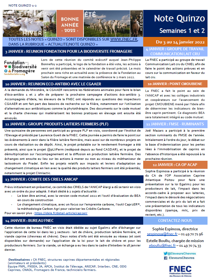 EleveursChevres's tweet image. 📰 Retrouvez la première #NoteQuinzo de l'année 2022🐐

➡ Au programme : Fondation Biodiversité Fromagère, groupe lait cru, #EcoAntibio, point #CMOUBIENE, groupe Produits Laitiers Fermiers, section #FMSE, comité des #CRIEL #ANICAP, OP #ACAP et bureau #FNEC