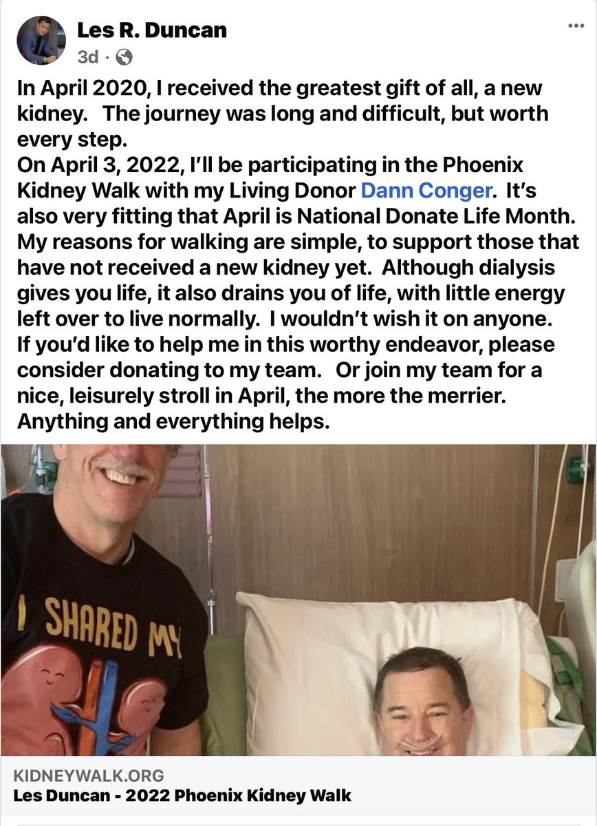 Help me raise $1,000 kidneywalk.org/phoenix/lesdun…
#kidney #donatelife #belikegina #transplant