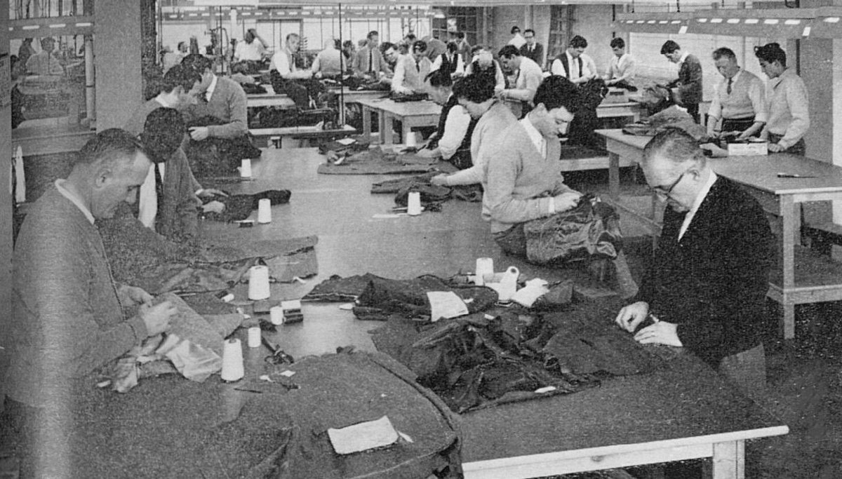 BNArchive's tweet photo. Did you know that menswear shop Moss Bros was founded in Covent Garden in 1851? Here, over 100 years later, at their Dalston workshop tailors work on clothes for the store, from The Sphere, 30 November 1963 https://t.co/4QUtiFeK90 #OccupationHistory https://t.co/VV5blopTwY