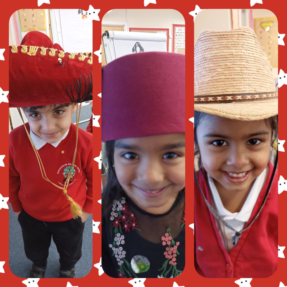 MrsCrook2's tweet photo. Today Red Group talked about and tried on different hats from around the world. We looked at a Fez (Morocco), Sombrero (Mexico) and a Cowboy hat (America) amongst others.
How fantastic do they look?! 😍🧢👒🎩🤩 @MrsCrook2 @RecBps https://t.co/xqEQcbbUHf