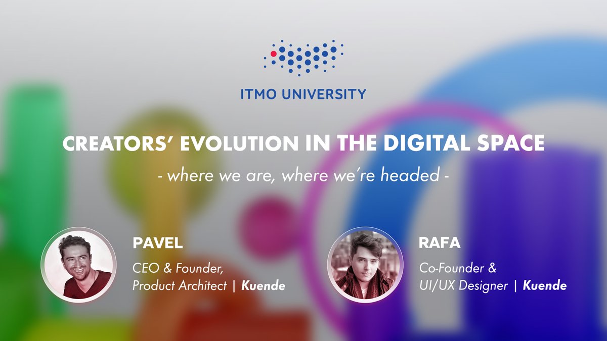 Wed, 26 Jan, at 3pm EET, <a href="/Pavel_Kuende/">Pavel Antohe 🎮🔺</a>  &amp; <a href="/raphaelmichael_/">Raphael Michael 𝖐 (Rafa)</a>  will be discussing together with the students from ITMO University (the best university in St. Petersburg and one of the top in the world🤓) about different topics that surround the digital space, creators &amp; NFTs! 💪👀