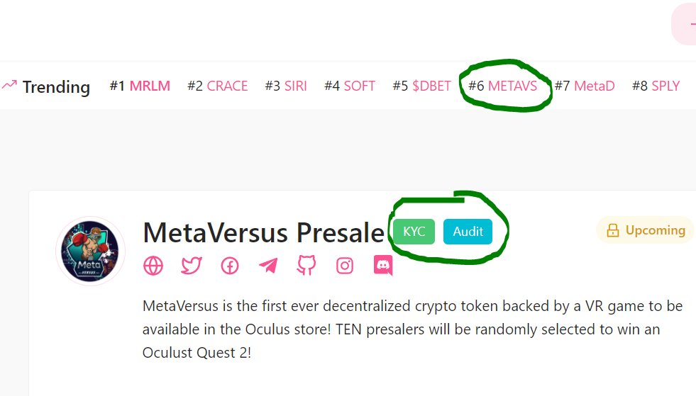 We are trending on #PinkSale! Also, we're officially KYC'd and audited, as shown by our beautiful KYC &amp; Audit badges!

2 DAYS LEFT UNTIL THE HISTORIC PRESALE! Join our Telegram &amp; Twitter to grab a WL spot! You might be one of the lucky 10 to win an Oculus👀#metaverse #BSC #METAVS