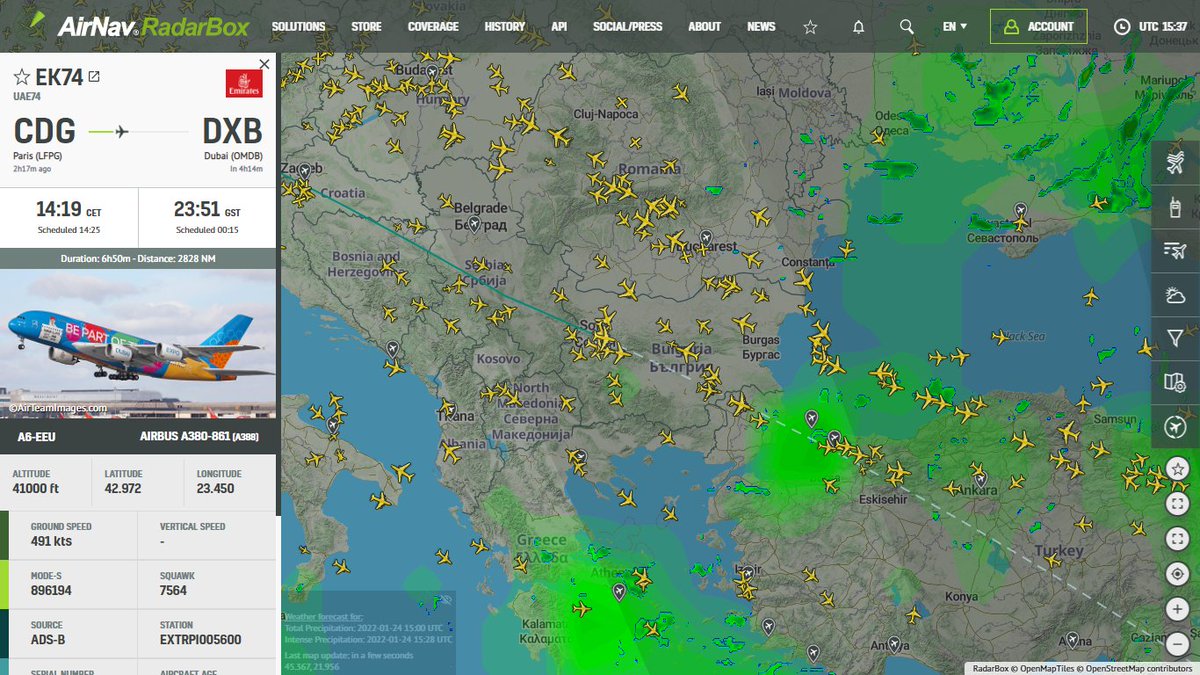 AirNavRadar's tweet photo. 🇦🇪 @Emirates' colorful Airbus A380 (A6-EEU) with Dubai Expo Livery is currently over Bulgaria on its way to Dubai. ✈️🌍

Track #EK74 now:
https://t.co/jZQLzq0t8c

#Emirates #DubaiExpo2020 #A6EEU
#A380 #AirNavRadarBox #Aviation https://t.co/uyxBcGBmXE