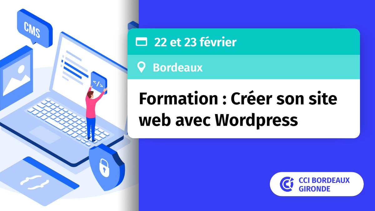 CCIBdxGironde's tweet photo. Vous souhaitez créer un site web pour votre #entreprise ? 💻
Participez à la formation “Créer son #siteweb avec #Wordpress” les 22-23 fev prochain pour avoir toutes les cartes en main et gérer votre propre site web. INSCRIPTION 👉 https://t.co/K3bRHdOMJi https://t.co/mGEstfO1uZ