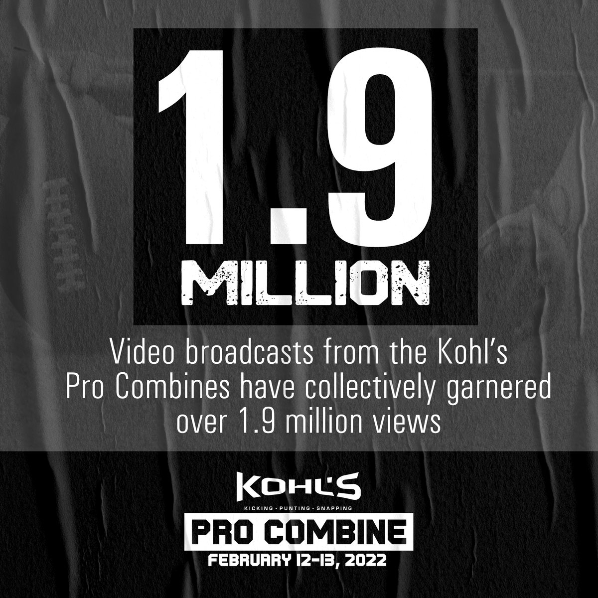 Captive audience. #KohlsProCombine ✅ 30 of 32 NFL teams viewed 2021 ✅ 1.9+ million public all-time views 2022 Kohl's Pro Combine 🗓 February 12-13, 2022 📍 Phoenix, AZ ➡️ Opportunity: kohlskicking.com/blog/2021-kohl…