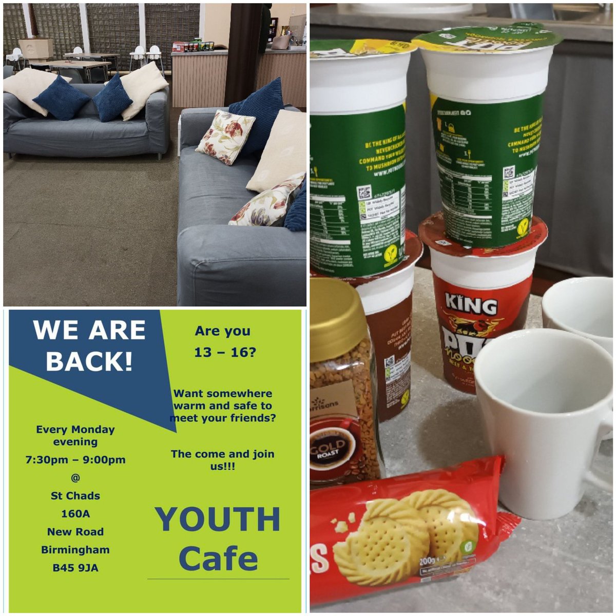 StChadsRubery's tweet photo. The YMCA Youth Cafe are looking forward to opening again tonight ... St Chad's Rubery, B45 9JA 
@YMCAWorcs @apmdaly https://t.co/1SmyofyUFq