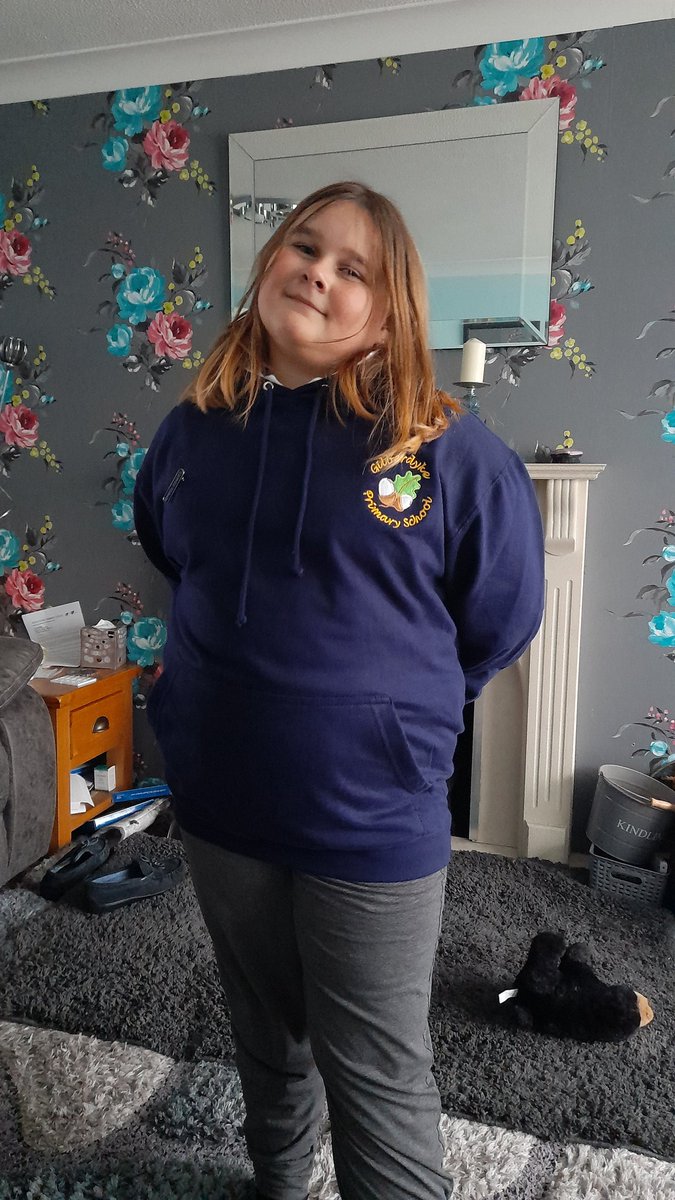 Michell19949700's tweet photo. As if my Lucy only has 2 terms left @GilberdykeRocks!!!!! She's so chuffed with her hoodie even if I can never get her to wear a jumper! https://t.co/miidhIeenb