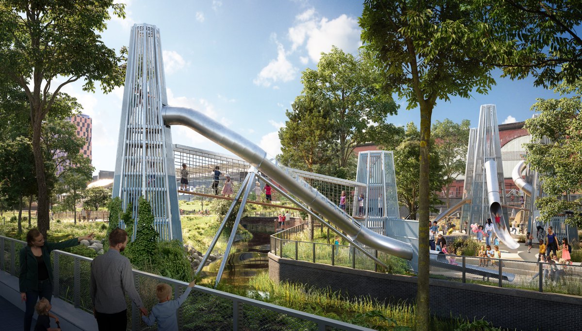 MayfieldMCR's tweet photo. UNVEILED: #Manchester's largest #public play area will entertain young visitors with tunnels, towers and an 18m-long see-through slide over the River Medlock. The six "chimney" towers reach 10m high, tapering towards the top, are 3-metres wide &amp; incorporate eight slides! https://t.co/WkRRwG3hjP