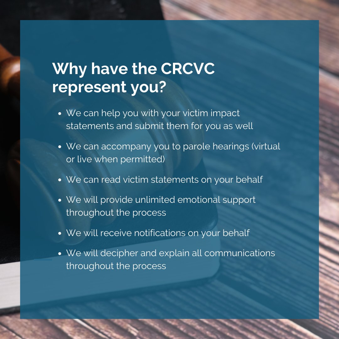 CRCVC's tweet photo. The #CRCVC can be your representative with #CorrectionalServiceofCanada and the #ParoleBoardofCanada! A victim representative is chosen by a victim to receive info about the offender on their behalf. All services are free & confidential. Get in touch: https://t.co/UvUfw1GEg6 https://t.co/h1AD3HqVMQ