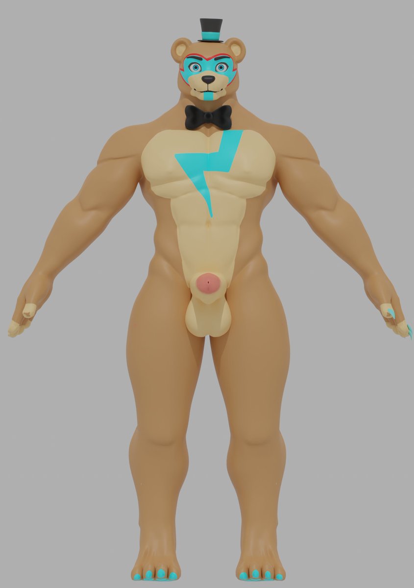 alright you lil gremlins here is the full uncensored freddy.
I'm still working on the rest of his outfit and such so he's not complete yet #nsfw #glamrockfreddy  #securitybreach #FNAF #3dart