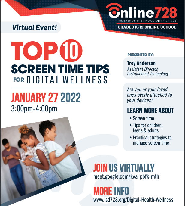728online's tweet photo. As an online provider, we know how important healthy screen time can be. Join @troyanderson89 this Thursday (1/27) and learn how to positively impact your student's screen time. Mark your calendars! #onlinelearning @ISD728 https://t.co/WYN9AID6ye