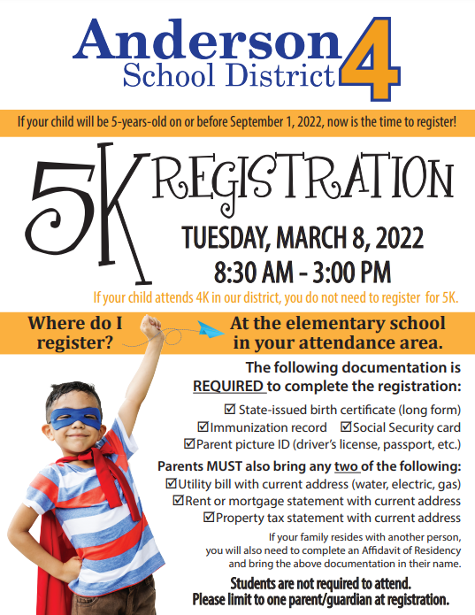 Registration for K4 and K5 for the 2022-2023 school year is coming soon. Check the flyers below for information on when/where to register as well as the required documentation.