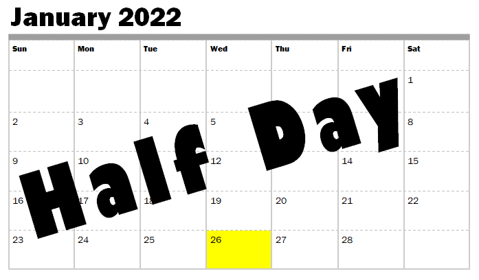 CREC_Reggio's tweet photo. REMINDER: Wednesday, January 26, is a half day for students. https://t.co/KfcWdpGMLP