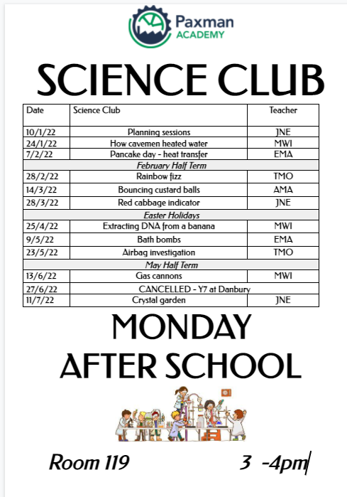 PaxmanScience's tweet image. Here is our updated timetable for Science club for the remainder of the year which is on every week 1. We look forward to seeing you all! @AcademyPaxman