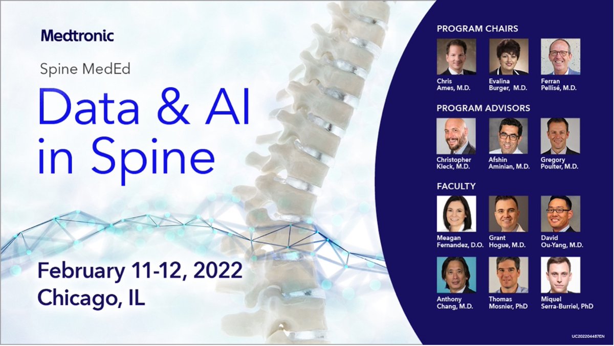 Our 1st annual Data &amp; AI in Spine Symposium is only a few weeks away – there’s still time to register! Our esteemed faculty &amp; program chairs have curated an agenda full of exciting conversations about advancements in data &amp; AI in spine surgery. Learn more: bit.ly/3tOUSV4