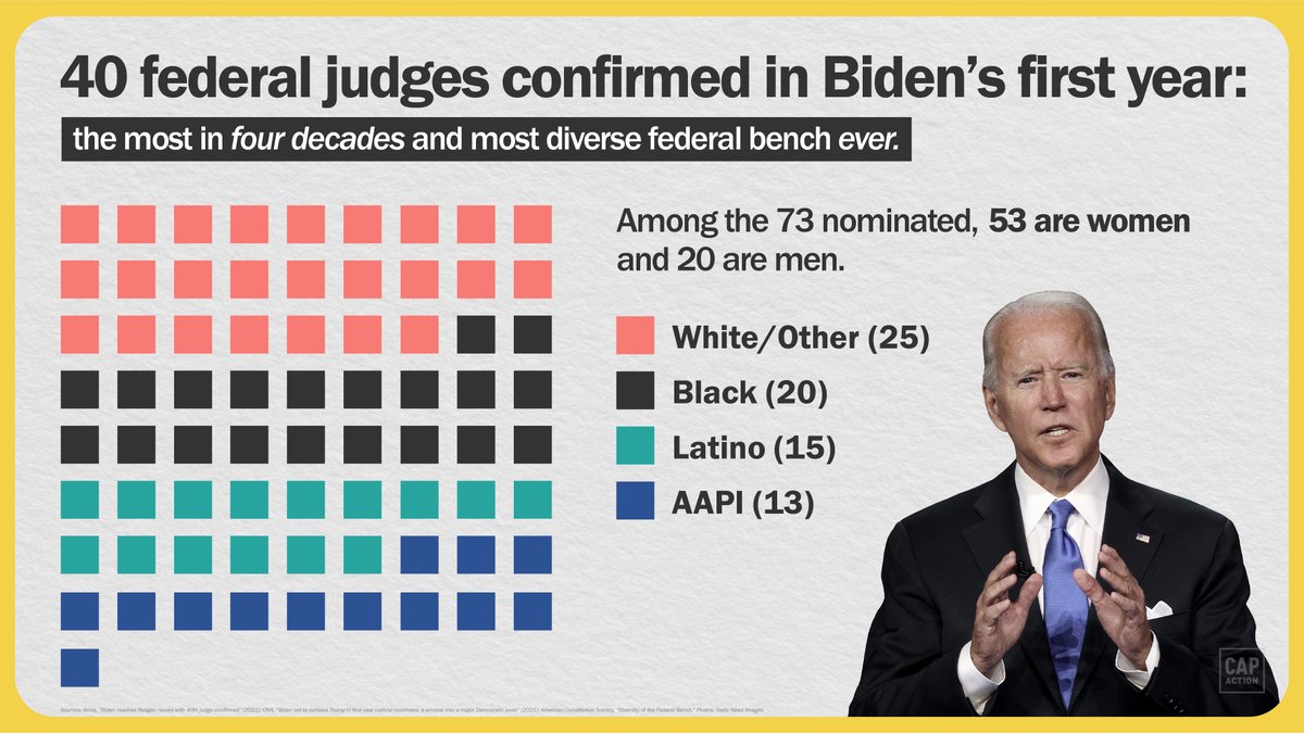 Text reads: 40 federal judges confirmed in Biden's first year: the most in four decades and the most diverse federal bench ever. Among the 73 nominated, 53 are women and 20 are men.

The graphic shows 73 squares representing the nominees, and a key. White/other nominees represented with 25 pink squares. Black nominees, 20 black squares. Latino nominees, 15 teal squares. AAPI nominees, 13 navy squares.

The graphic also has a picture of President Biden speaking.