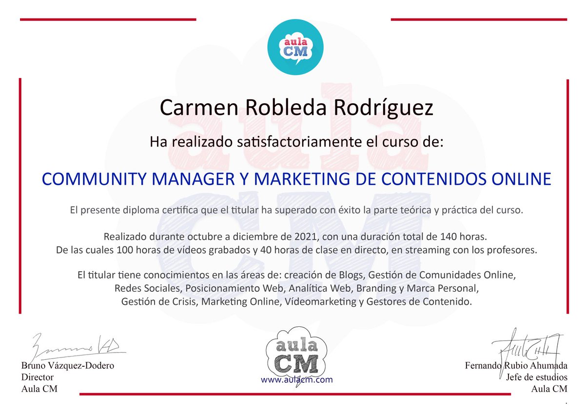 RobledaCarmen's tweet photo. Que mejor forma que celebrar el #DiadelCommunityManager  que con mi título oficial de ⁦⁦@aulaCM⁩ .
Muchas gracias por enseñarme este gran mundo ⁦@jordisanildefon⁩ ⁦@LavaraA⁩ 🥰 https://t.co/T21EwDbaEn