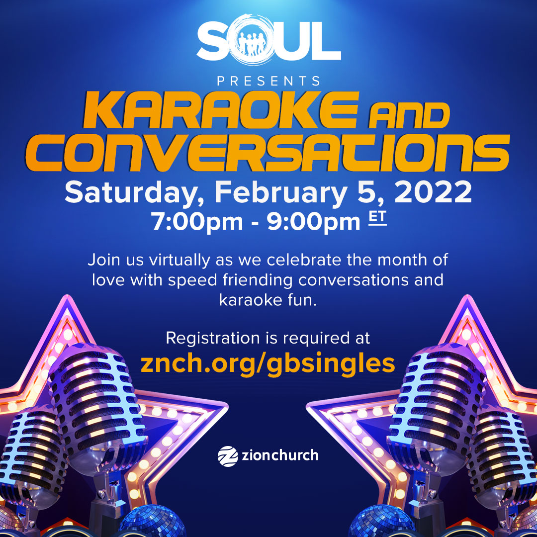 Zion Greenbelt's SOUL is hosting Karaoke and Conversations on Saturday, February 5th at 7 PM. This virtual event provides an opportunity for singles to kick back and enjoy one another during the month of love. Visit znch.org/singles to register. #christians