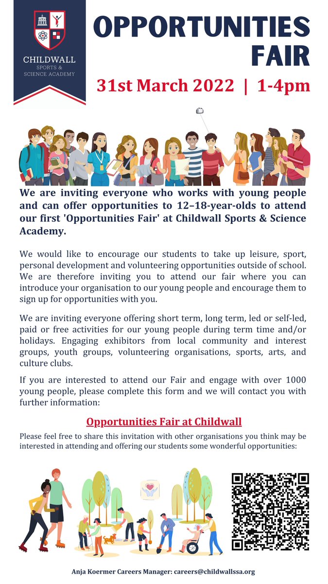 Calling all clubs and community groups: do you provide a service or activity for young people?
We are holding an Opportunities Fair on 31st March from 1-4pm and would like to invite you along to promote your offer. 
To register your interest, go to: bit.ly/3qW0dbc