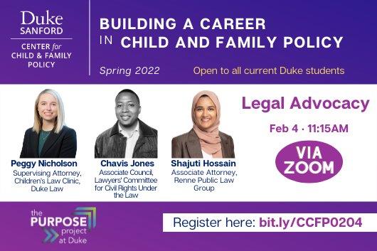 Join <a href="/DukeChildPol/">Center for Child and Family Policy</a> on Feb 4 to hear from our Supervising Attorney @PeggyDNicholson and <a href="/DukeLaw/">Duke Law</a> alums Shajuti Hossain (JD ’18) &amp; Chavis Jones (JD ’20) to learn about pursuing a career in legal advocacy.

childandfamilypolicy.duke.edu/event/law-care…