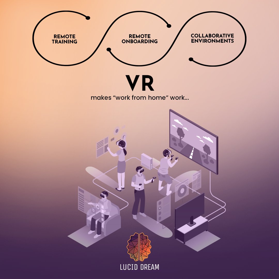 More newly hired employees are working remotely from day one than ever before.  

Using Virtual Reality, remote employees are becoming more productive,  less isolated, and more collaborative. Learn more here: bit.ly/3lQHpY9

#LucidDream #VR #AR #augmentedreality