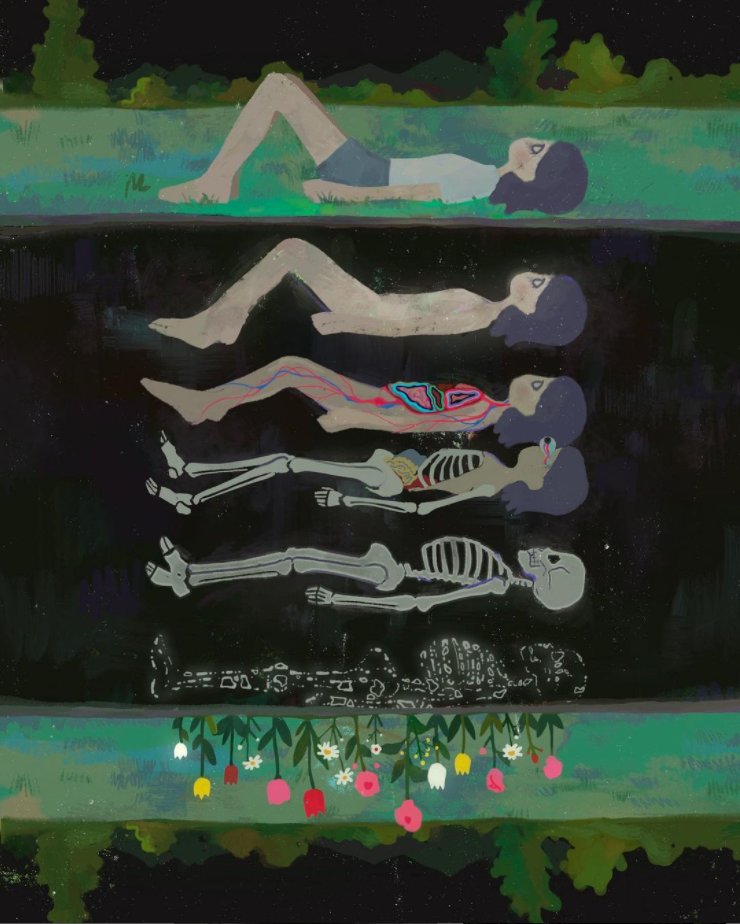 TalkDeathDaily's tweet photo. “The boundaries which divide Life from Death are at best shadowy and vague. Who shall say where the one ends, and where the other begins?” #EdgarAllanPoe

We love this depiction of natural decomposition of the body after death. Gorgeous artwork &amp; message from @iimememe. https://t.co/9Kyl3nF7VF