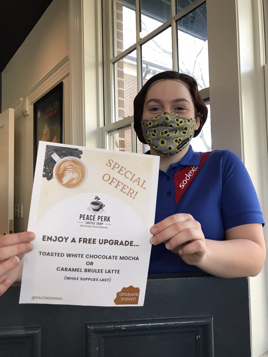 PacerDining's tweet photo. Y’all come meet the newest member of our team at Peace Perk &amp; enjoy a FREE upgrade when you order a toasted white chocolate mocha or caramel brûlée latte!! Welcome Eliza! #coffeeoncampus #peaceperk #weproudlyservestarbucks https://t.co/aQHWeb6lgZ
