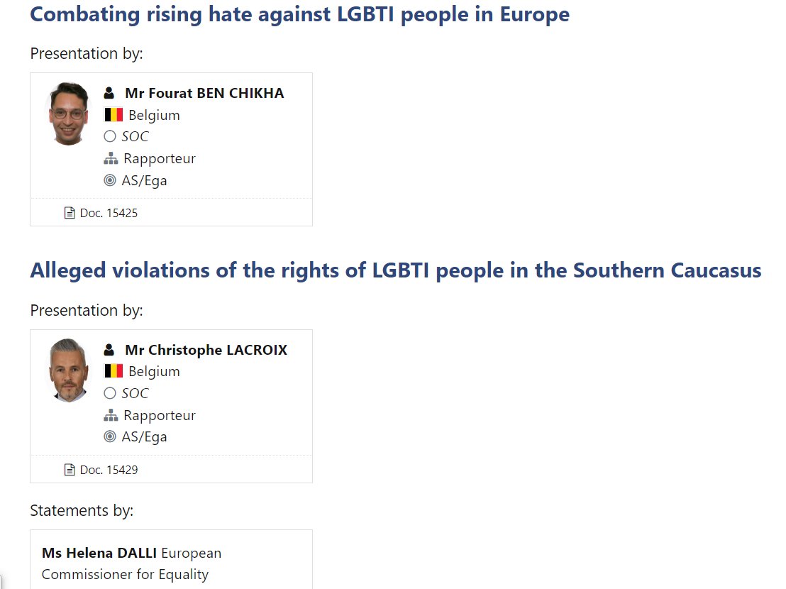 PACE_Equality's tweet photo. 🔜Do not miss our joint plenary debate tomorrow starting at 9am on Combating rising hate against #LGBTI people in Europe, report @FouratBenchikha &amp; Alleged violations of the rights of #LGBTI people in the Southern Caucasus,report @LacroixCh,with the participation of @helenadalli https://t.co/pb0RqcJ9Pz