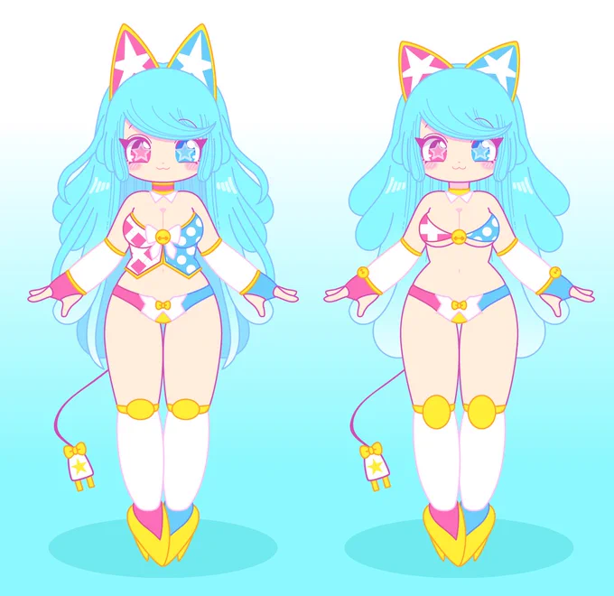 テクノロジーナちゃん、デザインちょっと納得できてなかったので再調整しました。
左が新、右が旧
肌色減ったけどキャラ的にこういう感じがいいと思う。髪の毛もふんわり 