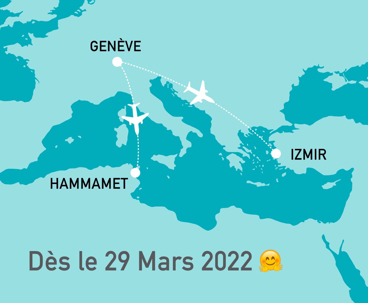 GeneveAeroport's tweet photo. Dès le 29 mars 2022, @easyJet ouvre 2 nouvelles destinations : Hammamet en Tunisie et Izmir en Turquie ☀️😎
---
From March 29, 2022, @easyJet opens 2 new destinations: Hammamet in Tunisia and Izmir in Turkey ☀️😎

+ d'info https://t.co/mUU0lJaQfz https://t.co/m8TrfDBNtn