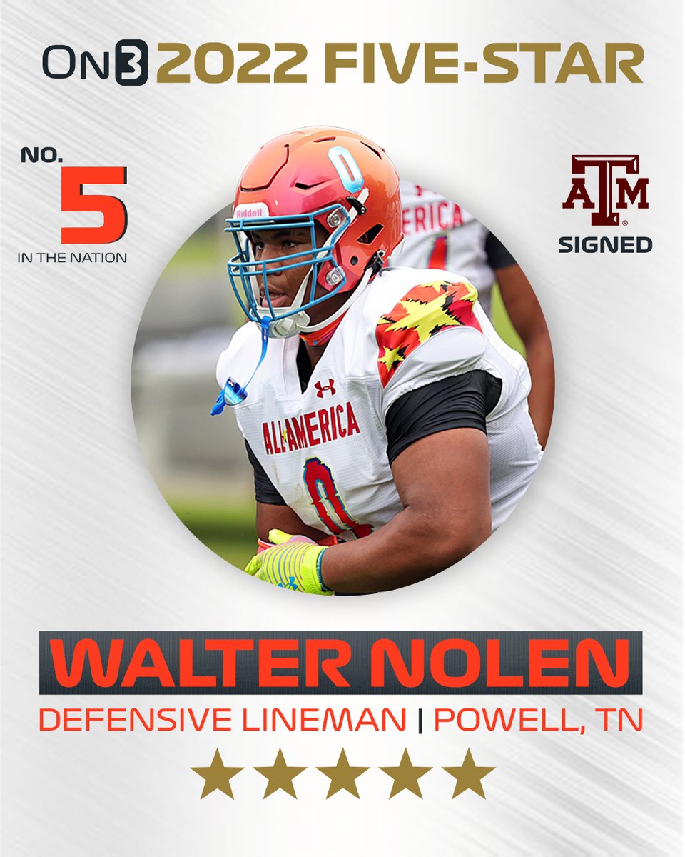 Texas A&amp;M DL signee Walter Nolen ranks No. 5 and five-stars in the On3 2022 On300: on3.com/news/on3-five-…