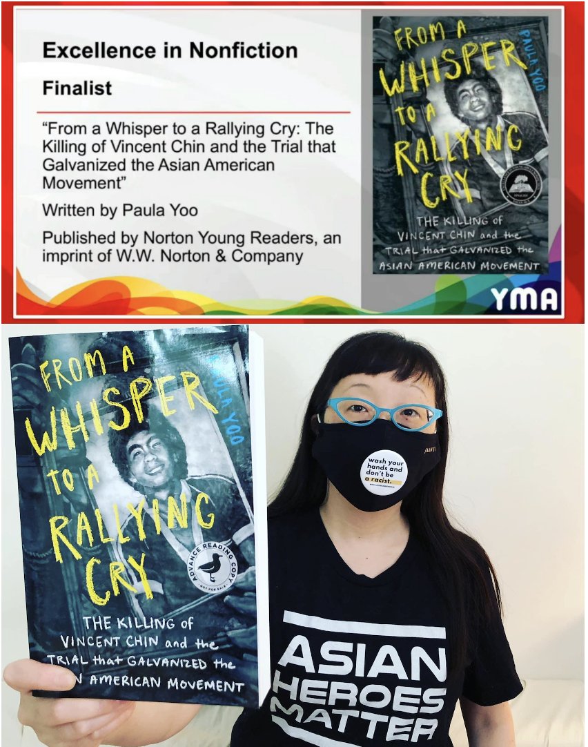 Photo collage of woman holding up a book and screenshot of award announcement.