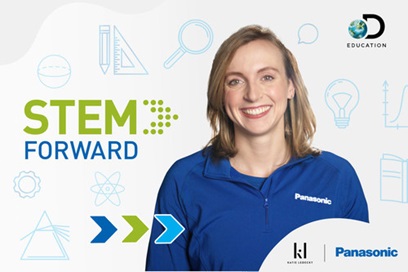 PanasonicNA's tweet photo. At #CES2022, we announced the launch of our STEM Forward program with #TeamPanasonic's @katieledecky and @DiscoveryEd. Winning with STEM: A Virtual Field Trip with Katie Ledecky and Panasonic will debut tomorrow, January 25th. Tune in! https://t.co/uRTV7ucLAQ https://t.co/jci7HbToeS