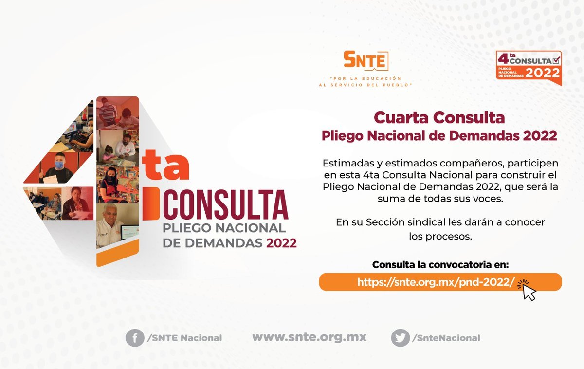 #TodosSomosUno 🙋‍♀️🙋‍♂️

🔴 Participa del 24 de enero al 2 de febrero 🗓️ en la Cuarta Consulta 👉Pliego Nacional de Demandas #PND2022 📜 en la que la voz de los agremiados, es la voz del #SNTE 📚

🗣️ Suma tu voz a este ejercicio democrático 👥👤👥 

Nota 👉 snte.org.mx/pnd-2022/ 👈