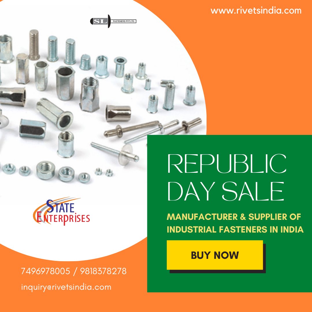 Slfasteners321's tweet image. Republic Day Sale, make your best buy on Fasteners. Call us directly now at 7496978005/9818378278 or mail us at inquiry@rivetsinida.com.
#republicsale2022 #republicdaysale #structuralrivets #blindrivets #rivets #tools #powertools #fasteners #insertnuts