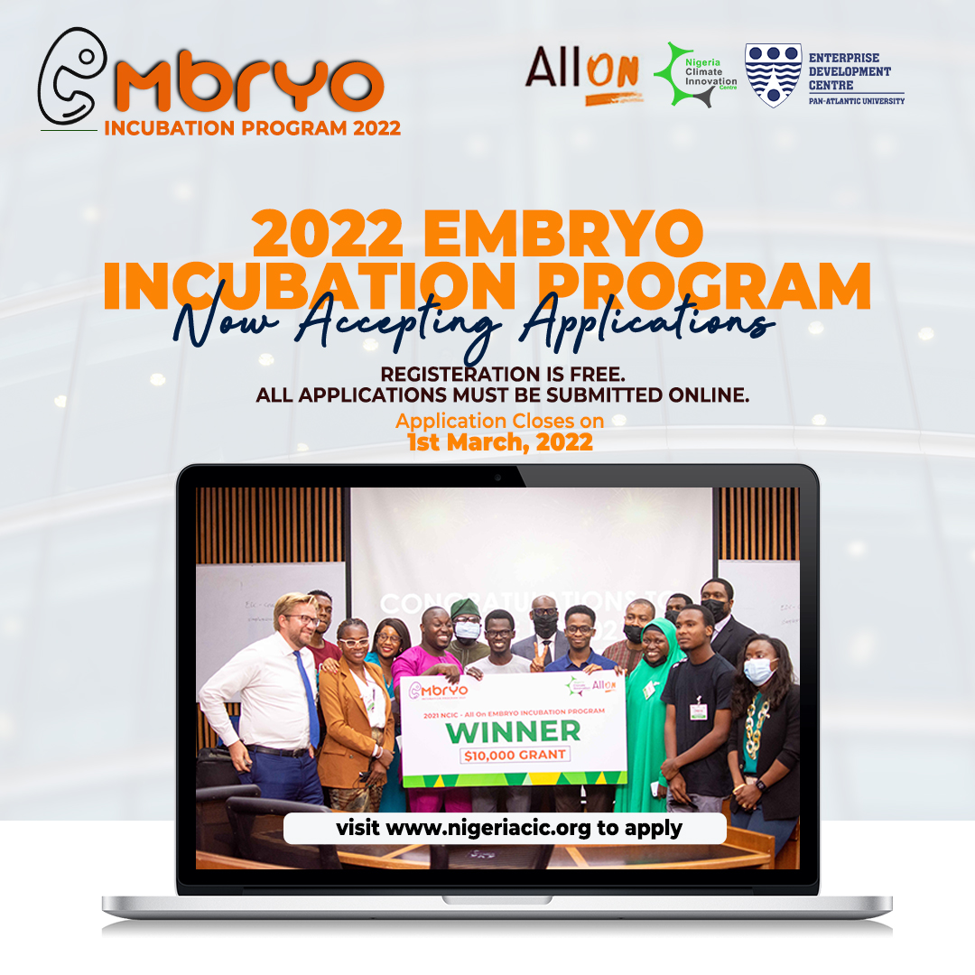 nigeriacic's tweet image. It's action O'Clock!

Time for you to take your renewable energy innovation from the ideation to market.

Apply today for the 2022 Embryo Incubation Program and stand a chance to win an equity-free grant of $10,000.

Visit nigeriacic.org to Apply! 

Apply &amp;amp; Retweet😍