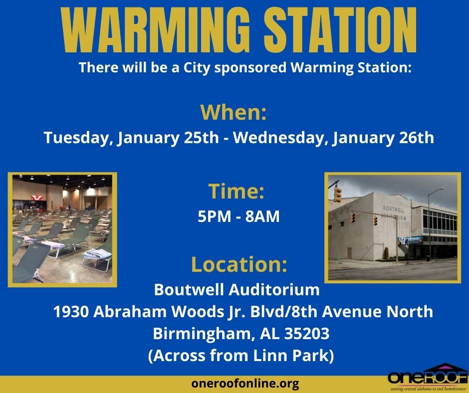 OneRoofBham's tweet photo. Updated Information for the City Sponsored Warming Station:
The Warming Station will not be open today, Monday, January 24th, but will reopen on Tuesday, January 25 -Wednesday, January 26th. https://t.co/SfCb0dhtSv