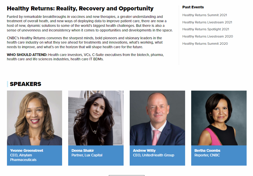 berthacoombs's tweet photo. Getting psyched for the #HealthyReturns summit March 30th. This year's line up includes @UnitedHealthGrp CEO Andrew Witty, 
@Alnylam CEO @ygreenst and Lux Capital's @deenashakir.   
$UNH $ALNY 
Sign up for the @cnbcevents early bird registration discount:  https://t.co/PDCW0WEAHG https://t.co/WEsR3Sm4UA