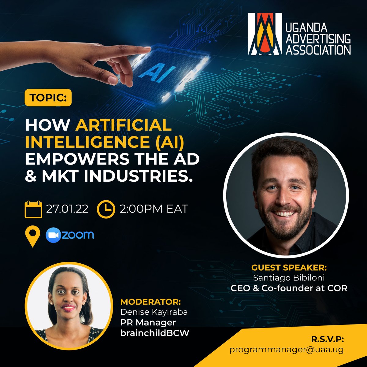 Uganda Advertising Association - UAA (@uaa_uganda) on Twitter photo All is set for our 1st edition of the 2022 webinar series. Join us as we discover how Artificial Intelligence empowers Advertising & Marketing industries with <a href="/santibibiloni/">Santiago Bibiloni</a> Founder of COR, this Thursday 27th January at 2pm. To register, click zoom.us/meeting/regist…
#AIwithCOR All is set for our 1st edition of the 2022 webinar series. Join us as we discover how Artificial Intelligence empowers Advertising & Marketing industries with <a href="/santibibiloni/">Santiago Bibiloni</a> Founder of COR, this Thursday 27th January at 2pm. To register, click zoom.us/meeting/regist…
#AIwithCOR