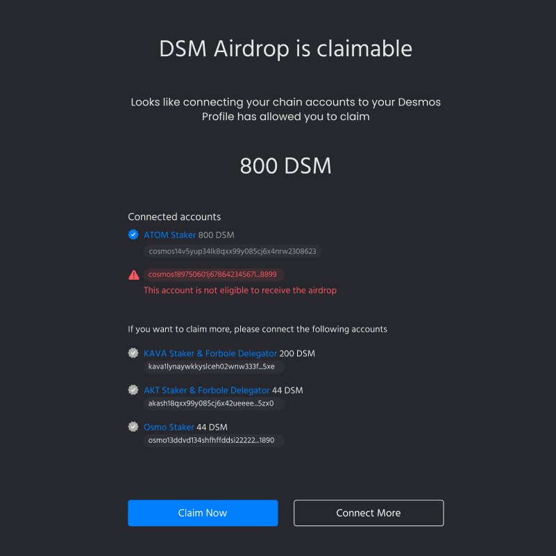 ForboleX's tweet photo. 💡To claim all your @DesmosNetwork Airdrop, make sure you click [Connect More] to continue linking all your other eligible addresses. https://t.co/v66ZMXGw5E
