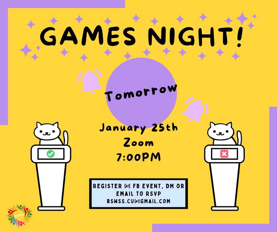 CU_BSWSS's tweet image. Tomorrow at 7pm, come join us for our BSWSS Games Night 😎 Guaranteed laughs and good times! Zoom link here carleton-ca.zoom.us/j/9905250153 Any questions feel free to DM or email us bswss.cu@gmail.com