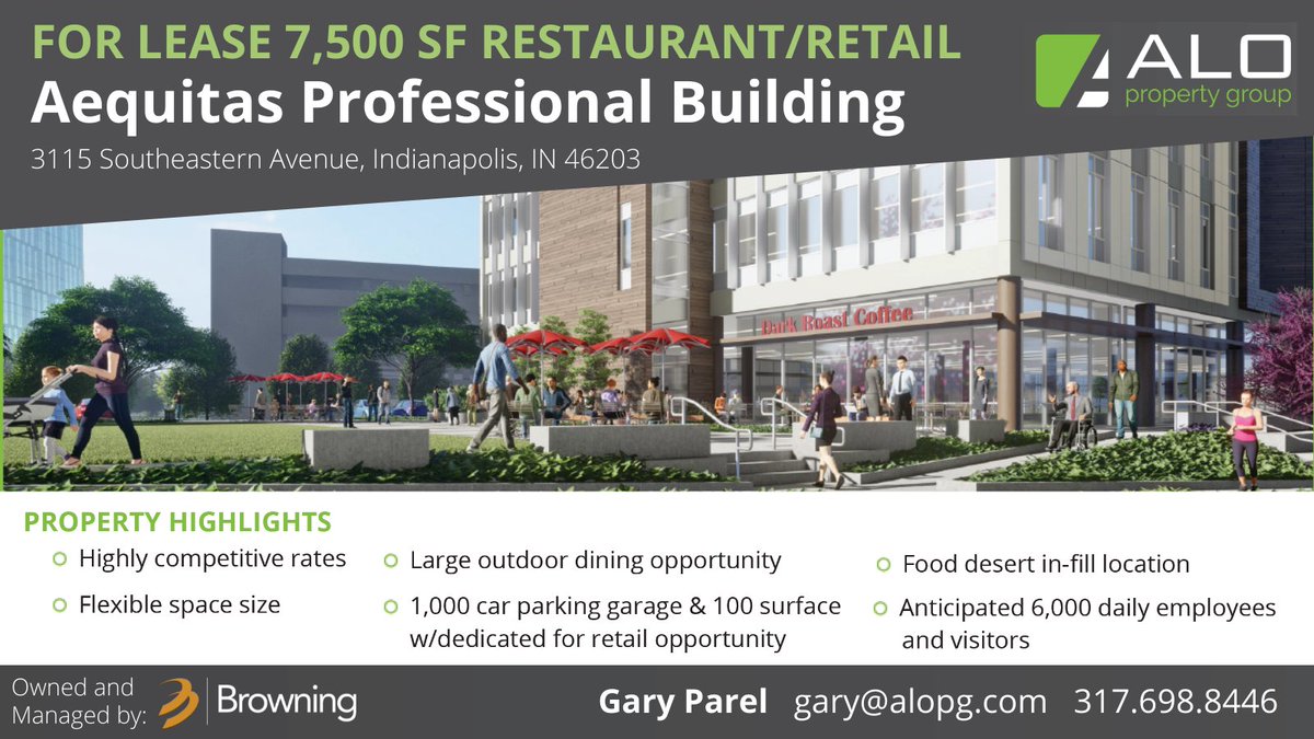 browning_rep's tweet photo. FOR LEASE: 7,500 SF retail / restaurant in Aequitas Professional Building, a 127,512 Class-A multi-tenant office building adjacent to the Community Justice Campus (CJC). The site has a plaza adjacent to the retail spaces. Gary Parel: gary@alopg.com or 317.698.8446
@AloProperty https://t.co/mXefs2YxGa