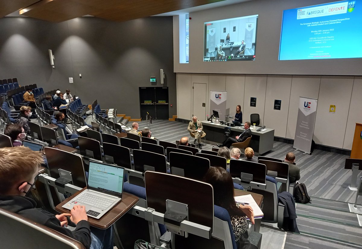 FranceinIreland's tweet photo. #EU2022FR Admiral Mellett and Colonel answering questions from students during #fabriquedefense event @ucddublin this afternoon, opened by French Ambassador @vincentguerend #europeanstrategy #Autonomy 🇮🇪🇪🇺🇲🇫 https://t.co/fyFAPzxPQe