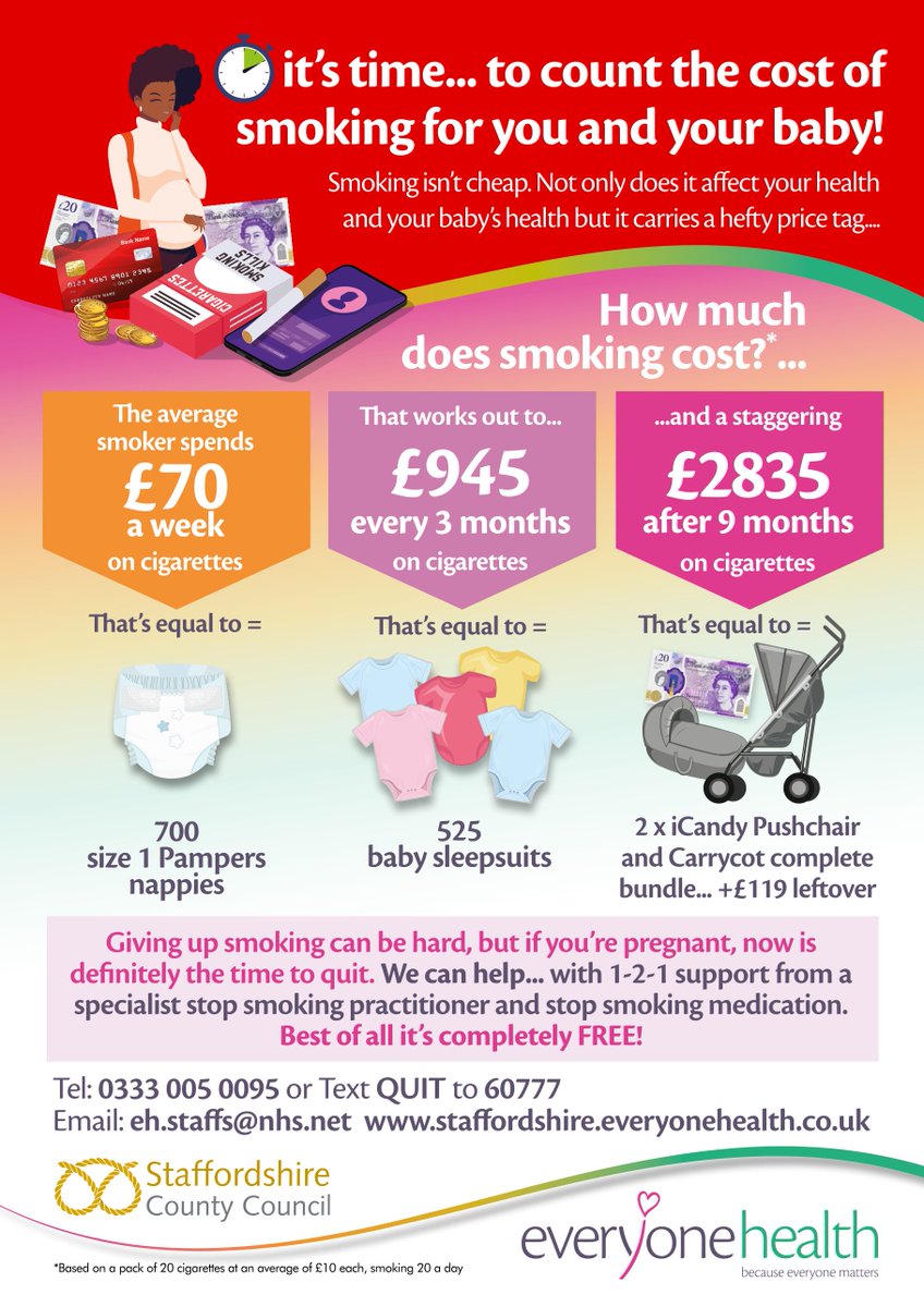 Do you know how much you can save if you stop smoking whilst pregnant?

Our FREE 12 week Stop Smoking in Pregnancy is available to also help partners living in the same household in Staffs!

Call 0333 005 0095 or text 'QUIT' to 60777 for an appointment!

(*restrictions may apply)