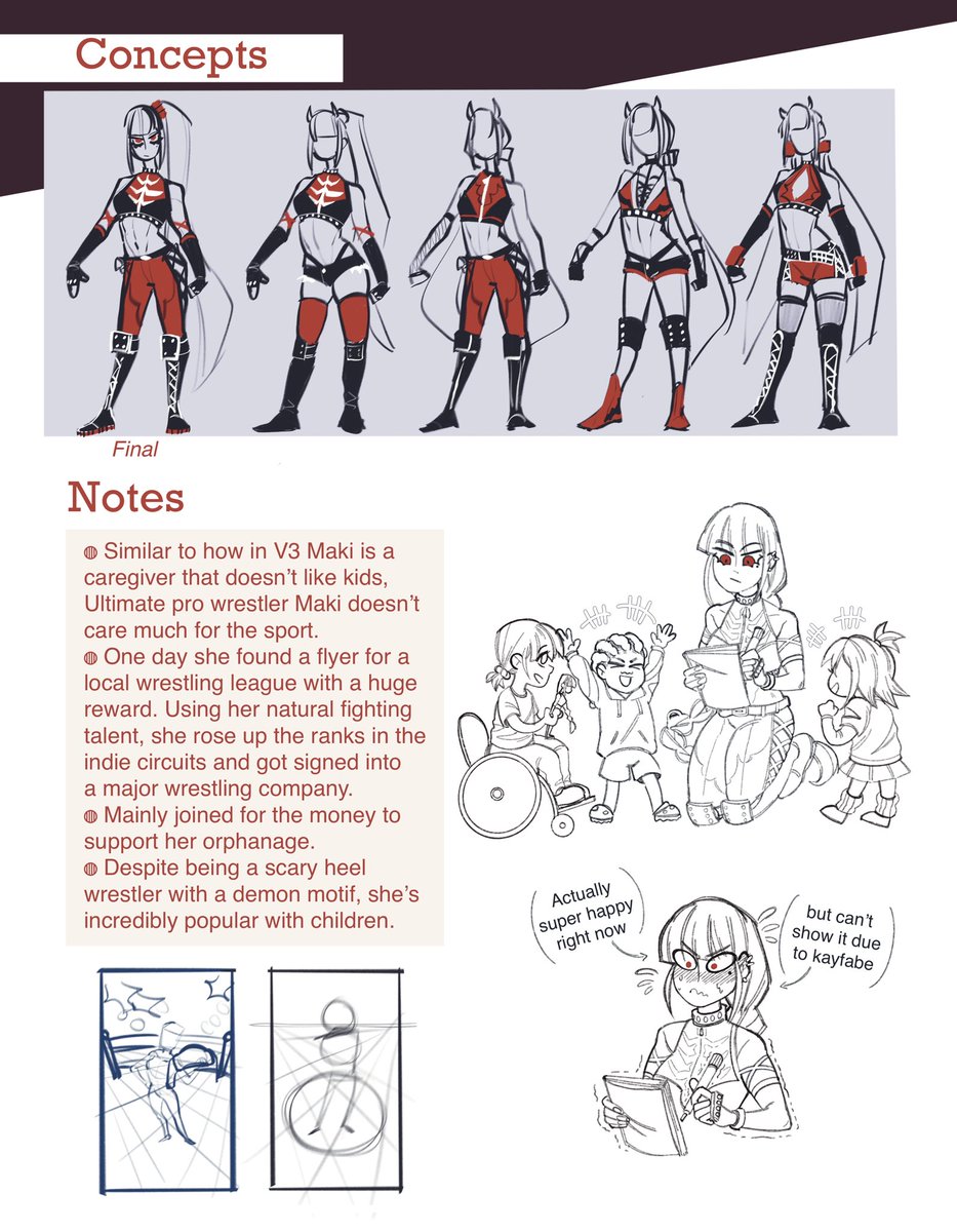 __shslprince's tweet image. Bonus pic w some bundle goodies and concept art!! The main motif is a scary demon themed heel wrestler that’s beloved by children, researching different wrestlers and costumes was suuuuper fun!!