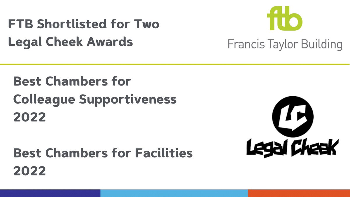 Delighted <a href="/FTB_law/">Francis Taylor Building</a> has been shortlisted for two <a href="/legalcheek/">Legal Cheek</a> awards.  The winners will be announced at the awards ceremony on 24 March.
ftbchambers.co.uk/news/ftb-short…
#Awards #LegalCheekAwards #law #barristers