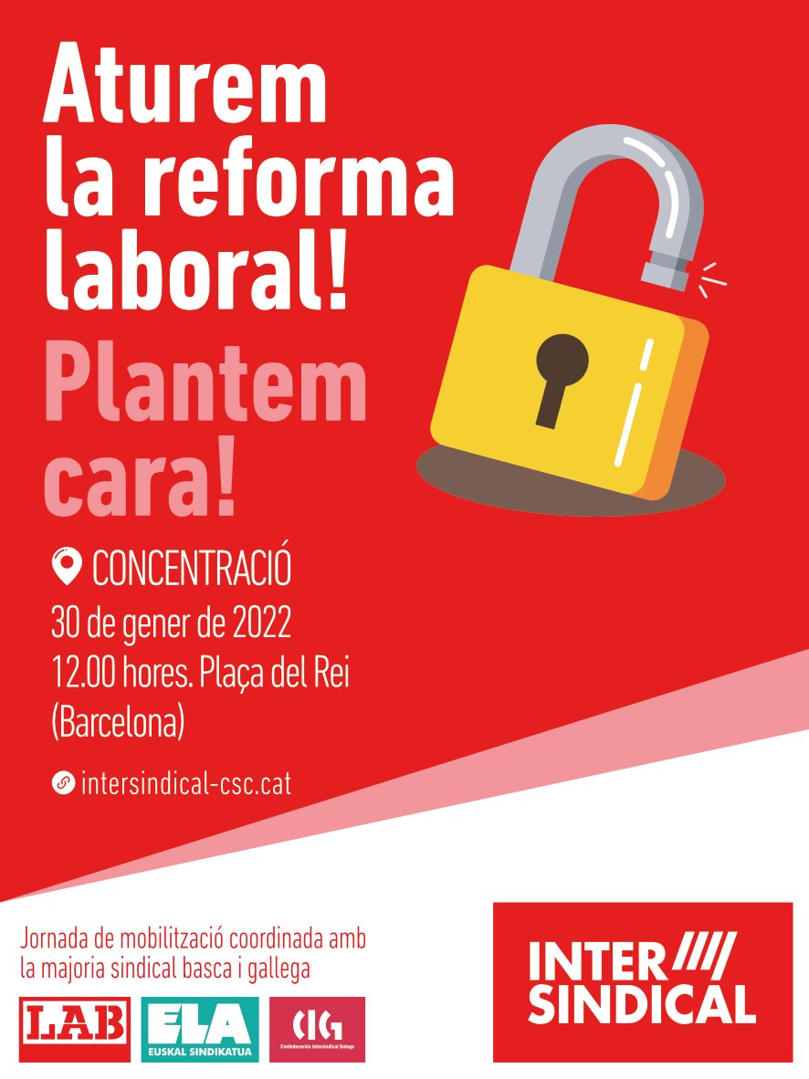 🚨 <a href="/LaIntersindical/">LA INTERSINDICAL</a> es concentrarà a Barcelona en el marc d'una mobilització coordinada contra la reforma laboral
⚙️La majoria sindical basca (ELA i LAB) i gallega (@GalizaCIG) estableixen un marc d'acció comú amb <a href="/LaIntersindical/">LA INTERSINDICAL</a>
🔎 +info: intersindical-csc.cat/2022/01/24/jor…