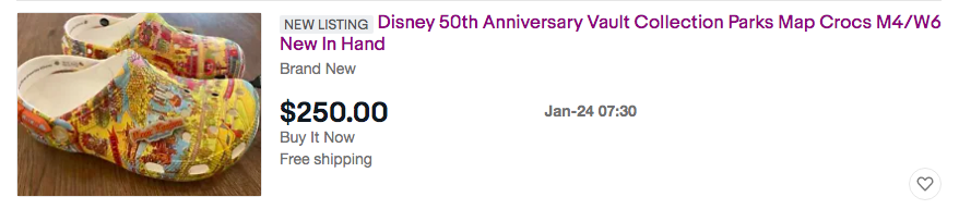 13d_riera's tweet image. I hate it here. 

A few hours into their release and eBay is going crazy with the Vintage Map Crocs and Spirit Jersey. 

#Disney #MagicKingdom #VaultCollection